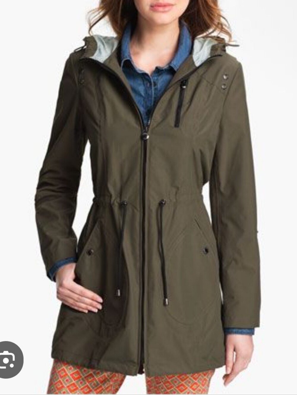 Laundry By Shelli Segal Olive Green Drawcord Hooded Anorak Rain Jacket M
